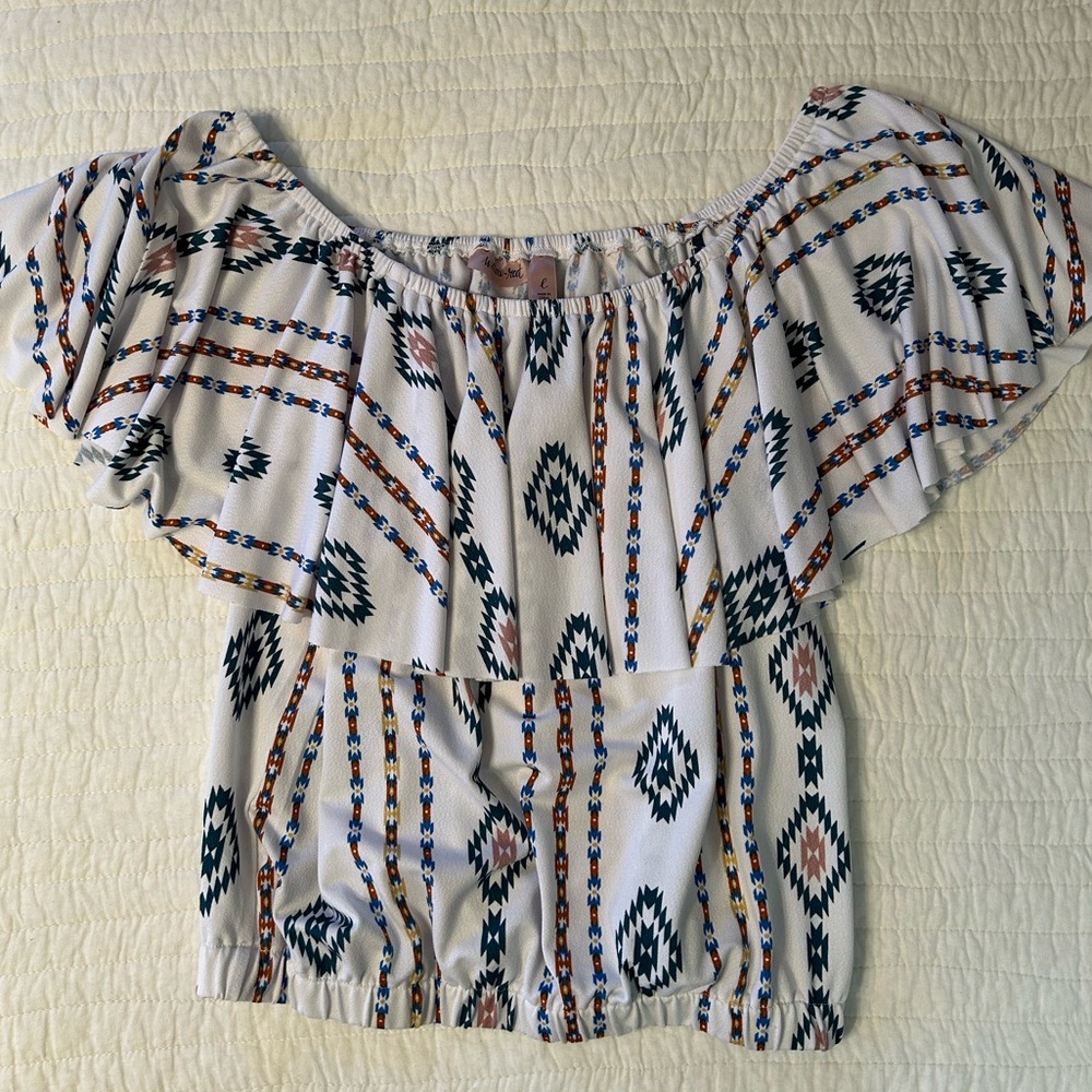Willow & Root White Off Shoulder Blouse With Multi Colored Print